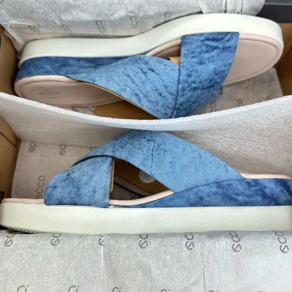 Ecco Touch Plateau Slide Leather Slip On Sandals Blue Women EU41/10-10.5 NWB